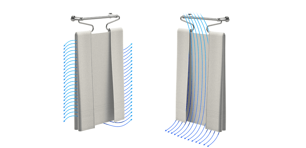 Visualization of how Airfold opens a towel up to vertical and horizontal air flow